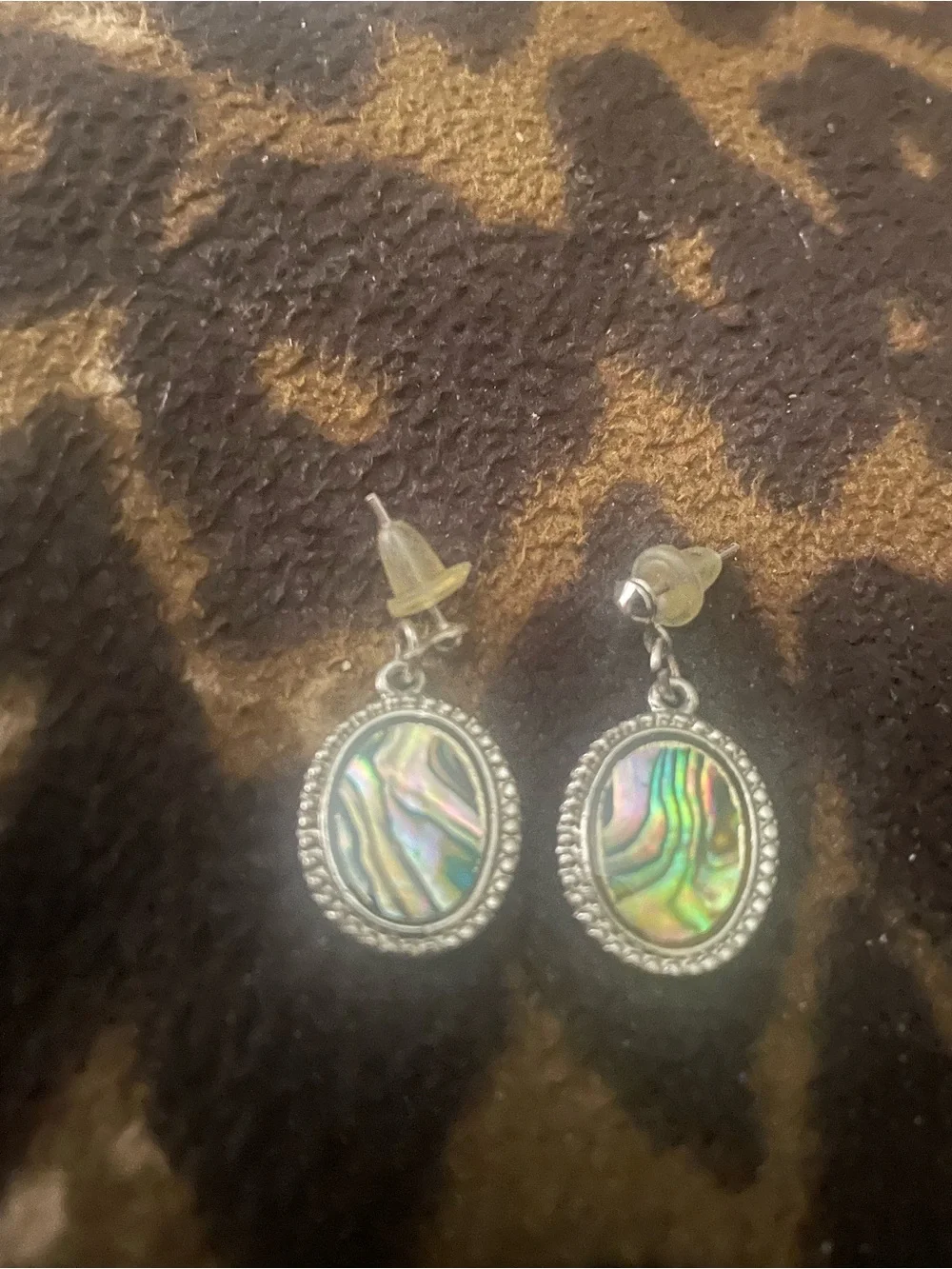 Silver Abalone Shell Oval Drop Earrings - Iridescent Green